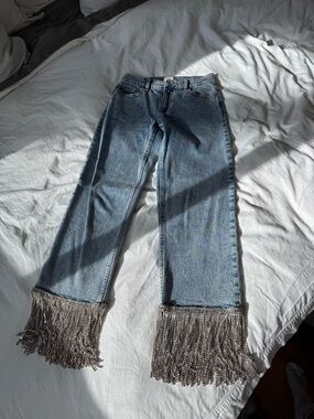 Alice + Olivia Light Blue Denim Jeans with Silver Rhinestone Fringe
